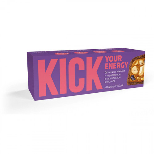 Батончик "KICK energy" арахисовый с изюмом и черносливом в карамельном шоколаде 45г